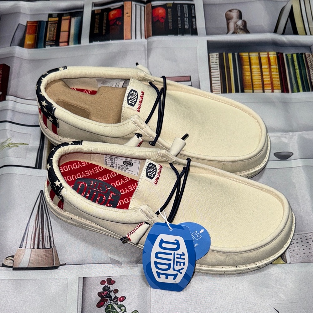 Hey Dude Men's Cream and Navy Loafers with an American Flag Design on the Heel
